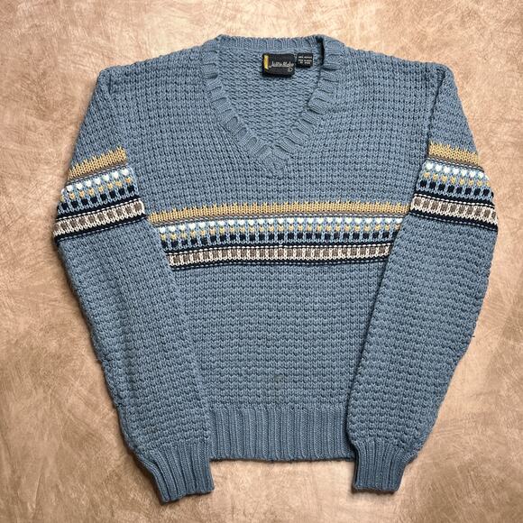 Vintage 80s Justin Blake Striped Knit V Neck Sweater Blue Pullover Retro Fall - Picture 1 of 8